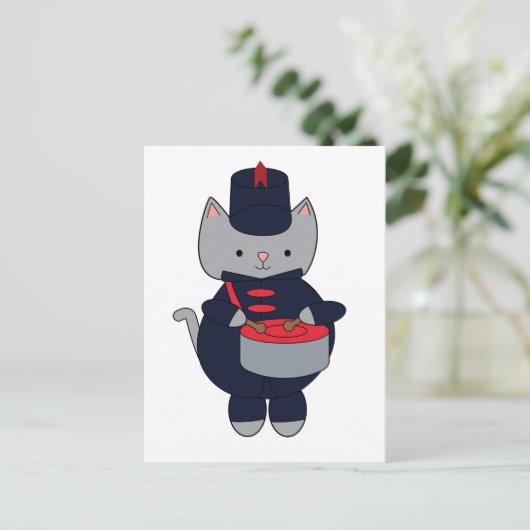 Cat Drummer Marching Band Navy Blue and Red ポストカード (スタンド正面)