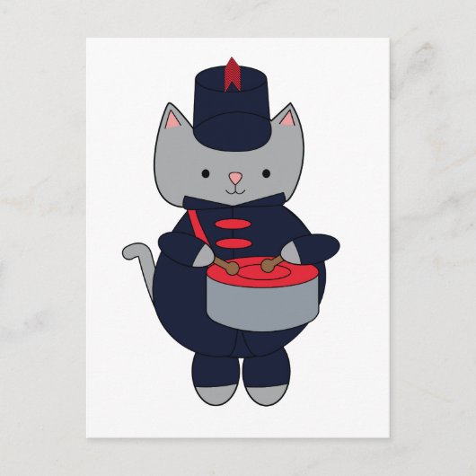 Cat Drummer Marching Band Navy Blue and Red ポストカード (正面)