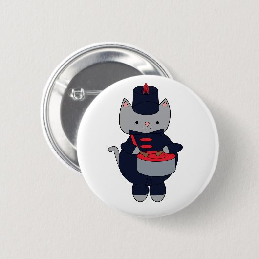 Cat Drummer Marching Band Navy Blue Red 缶バッジ (正面&裏面)