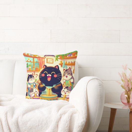 Cat eating Noodles soup and friends クッション (ソファ)
