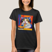 Cat Eating Spaghetti Oil Painting Style Tシャツ (正面)