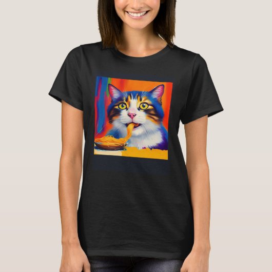 Cat Eating Spaghetti Oil Painting Style Tシャツ (正面)