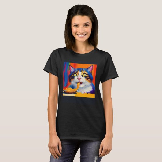 Cat Eating Spaghetti Oil Painting Style Tシャツ (正面フル)