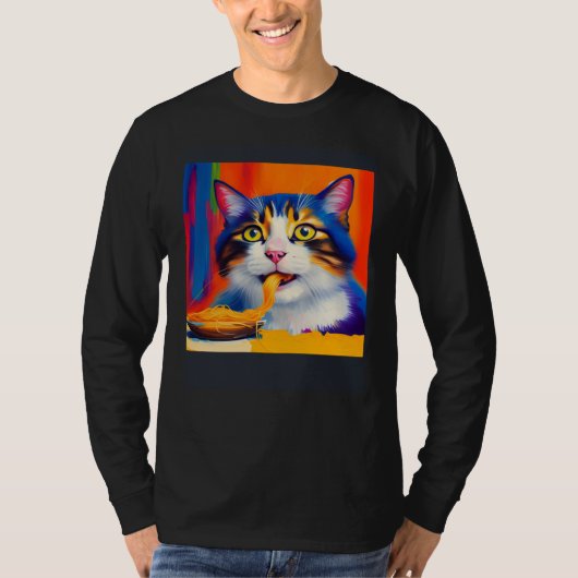 Cat Eating Spaghetti Oil Painting Style Tシャツ (正面)