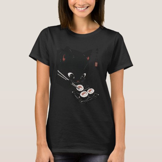 Cat Eating Sushi Funny Japanese Kawaii Cat Anime L Tシャツ (正面)