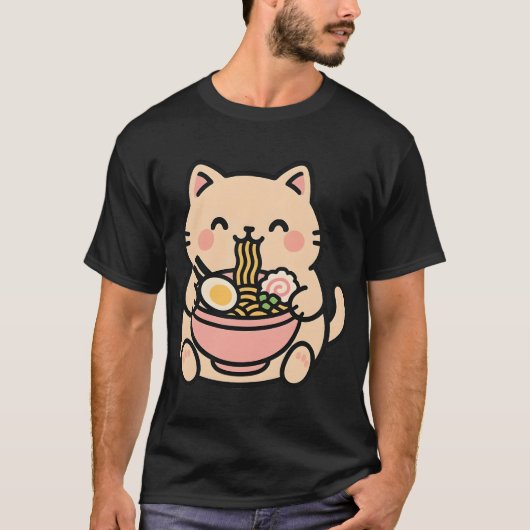 Cat Enjoying Ramen Bowl Tシャツ (正面)