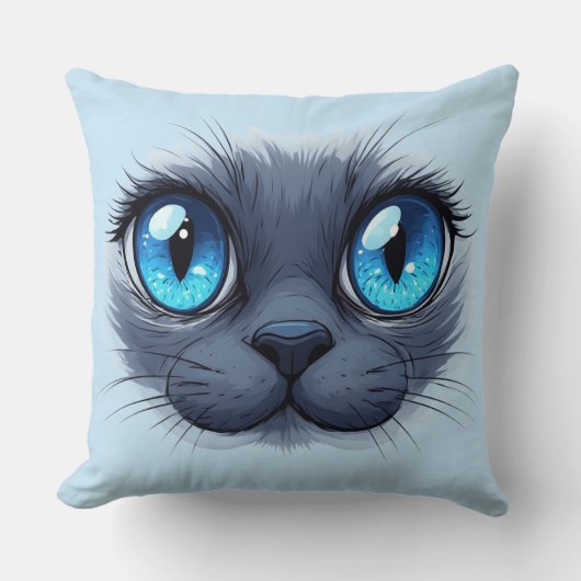 Cat Face Close Up Blue Eyes Kitty Illustratio クッション (正面)