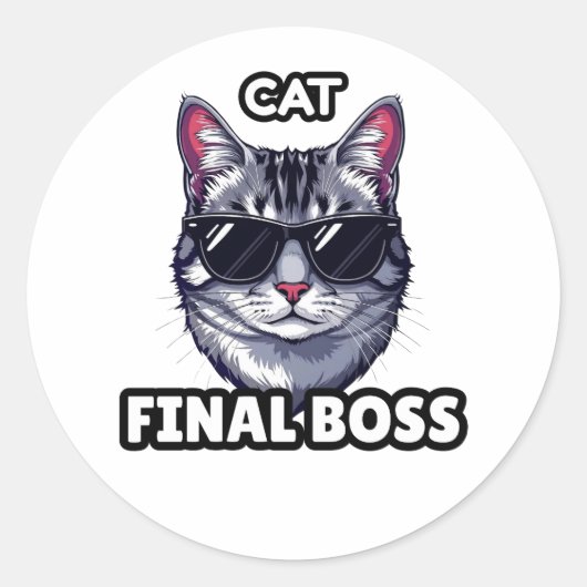 Cat Final Boss Sunglasses Funny Sticker ラウンドシール (正面)