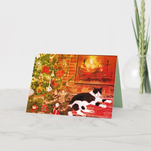 Cat Fireplace fire burning Christmas tree ornament シーズンカード (正面)