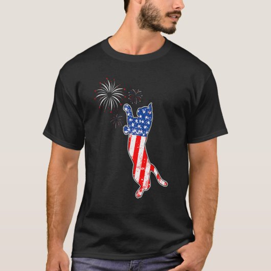 Cat Fireworks  4th Of July American Flag Cat Dad M Tシャツ (正面)