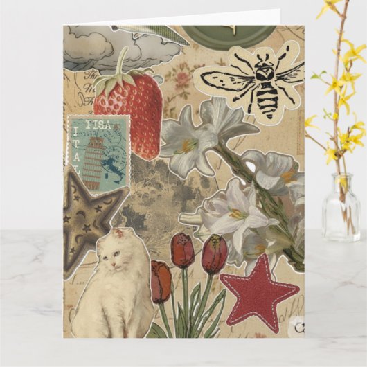 Cat Floral Collage Pattern – Cute Artistic Design カード (黄色い花)