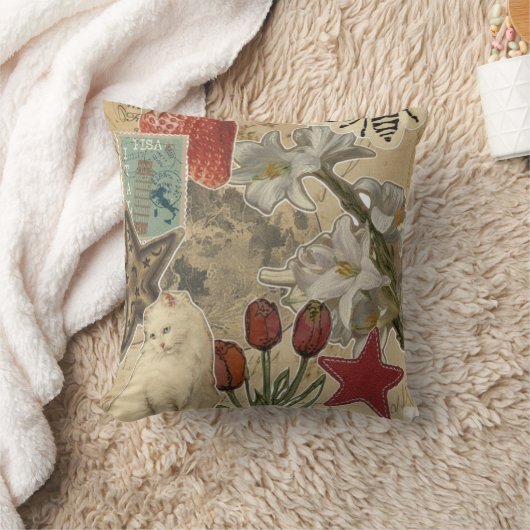 Cat Floral Collage Pattern – Cute Artistic Design クッション (ブランケット)