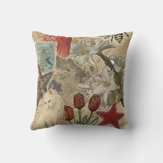 Cat Floral Collage Pattern – Cute Artistic Design クッション (裏面)