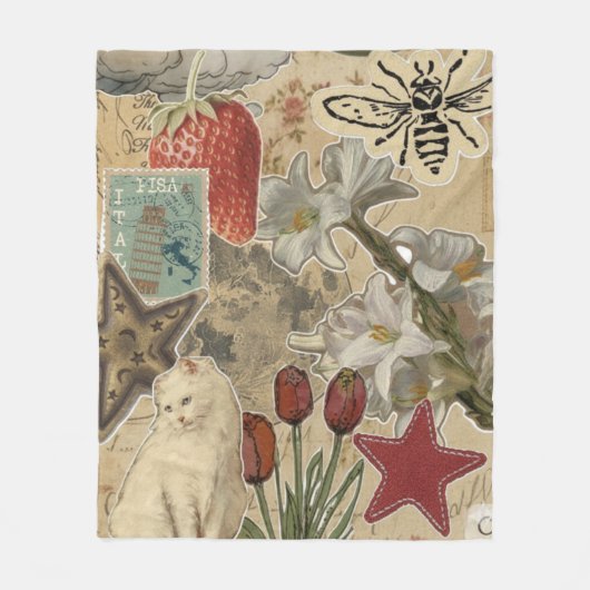 Cat Floral Collage Pattern – Cute Artistic Design フリースブランケット (正面)