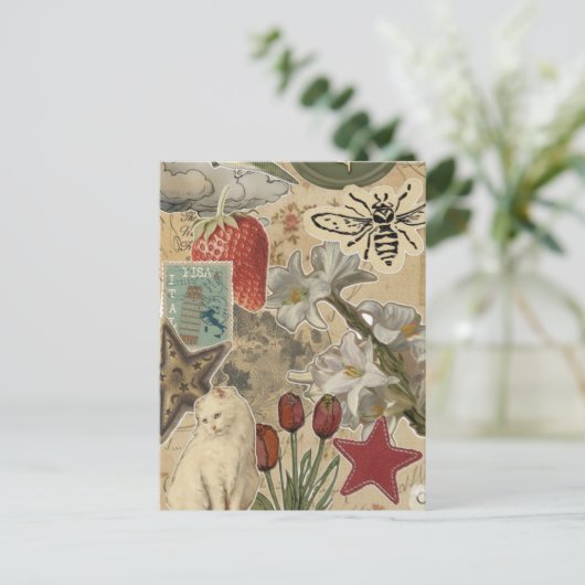 Cat Floral Collage Pattern – Cute Artistic Design ポストカード (スタンド正面)