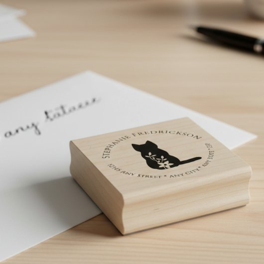 Cat & Flower Return Address Rubber Stamp ラバースタンプ