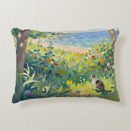 Cat Flowers And Sea アクセントクッション (正面)