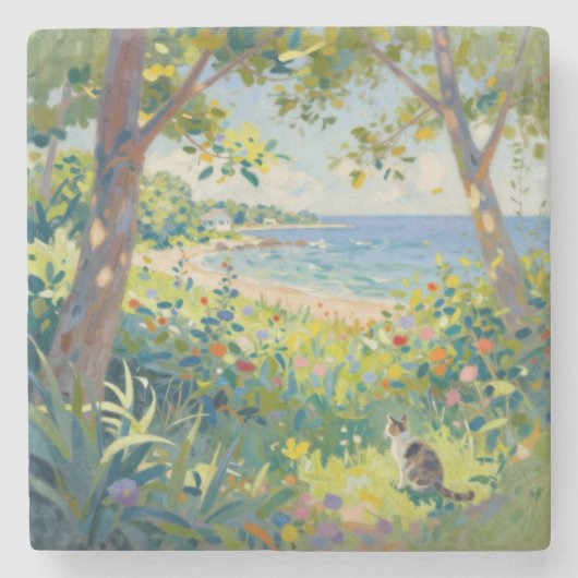 Cat Flowers And Sea ストーンコースター (正面)