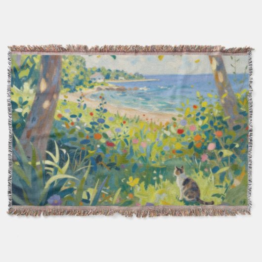 Cat Flowers And Sea スローブランケット (正面)