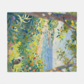 Cat Flowers And Sea フリースブランケット (正面(横))