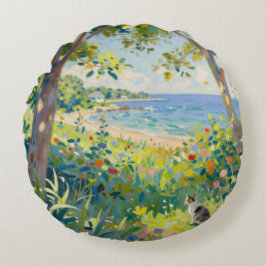 Cat Flowers And Sea ラウンドクッション