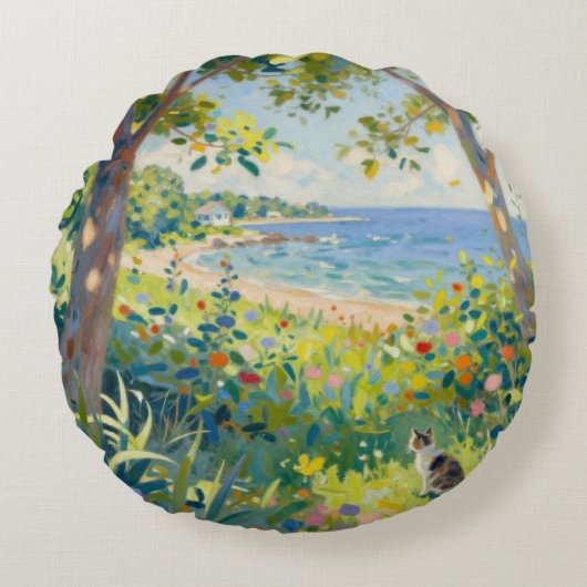 Cat Flowers And Sea ラウンドクッション (正面)
