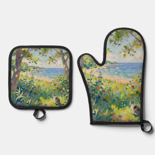 Cat Flowers And Sea 鍋つかみ&鍋敷きセット (正面)