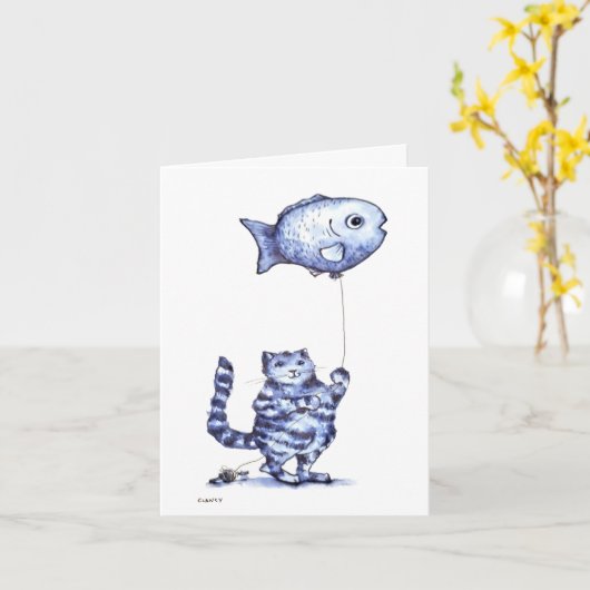 Cat Flying Fish Get Well card カード (黄色い花)
