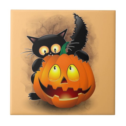 Cat Fun Halloween Character biting a Pumpkin タイル (正面)