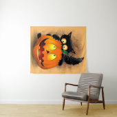 Cat Fun Halloween Character biting a Pumpkin   タペストリー (インサイチュ(横))