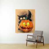 Cat Fun Halloween Character biting a Pumpkin   タペストリー (インサイチュ)