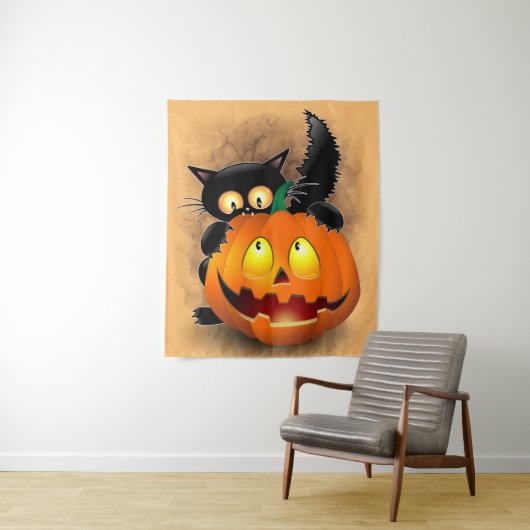 Cat Fun Halloween Character biting a Pumpkin   タペストリー (インサイチュ)