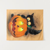 Cat Fun Halloween Character biting a Pumpkin   タペストリー (正面(横))