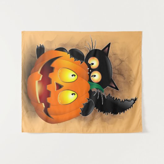 Cat Fun Halloween Character biting a Pumpkin   タペストリー (正面(横))
