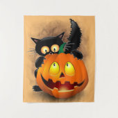 Cat Fun Halloween Character biting a Pumpkin   タペストリー (正面)