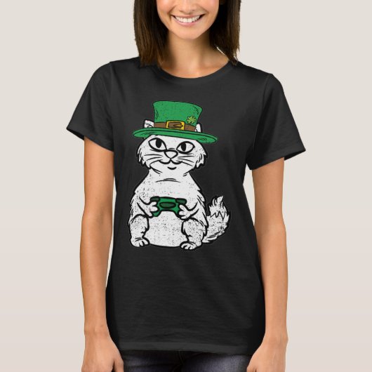 Cat Gamer St Patricks Day Funny Video-game Control Tシャツ (正面)