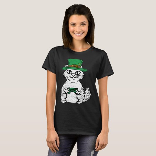 Cat Gamer St Patricks Day Funny Video-game Control Tシャツ (正面フル)