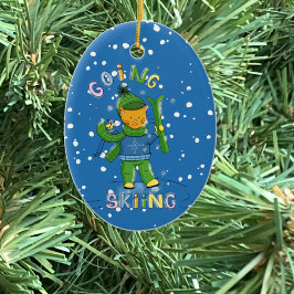 Cat going skiing Christmas ornament セラミックオーナメント