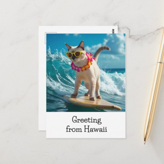 Cat Greeting from Hawaiiサーフィンon surf board ポストカード (正面/裏面インサイチュ)