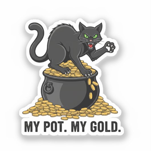 Cat Guarding Pot Of Gold Funny St Patrick Sticker シール (正面)