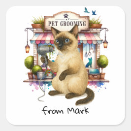 Cat Hairdresser Pet Grooming watercolor style スクエアシール