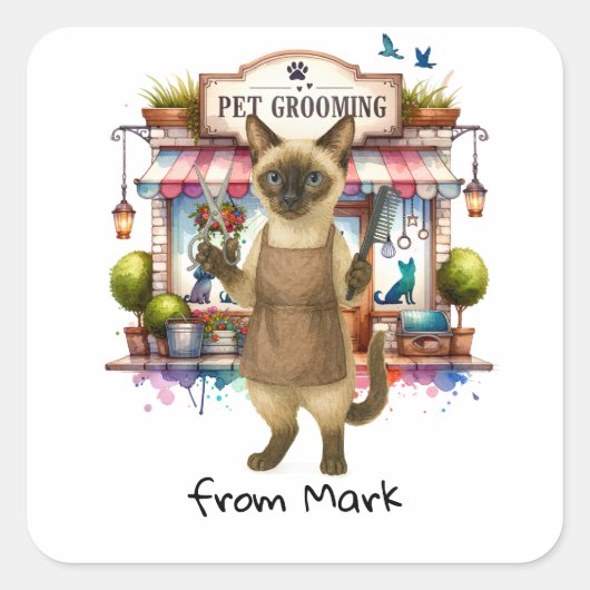 Cat Hairdresser Pet Grooming watercolor style スクエアシール (正面)