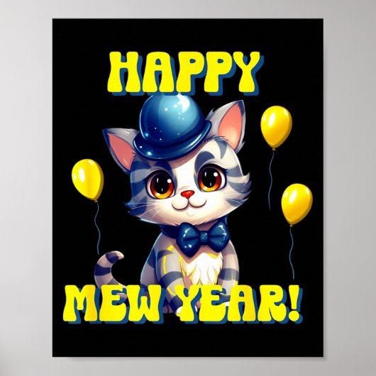 Cat Happy New Year Mew Year Funny New Years Party ポスター (正面)