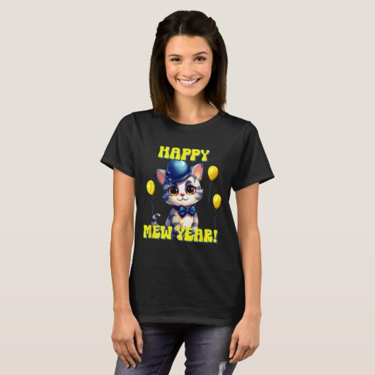 Cat Happy New Year Mew Year Funny New Years Party Tシャツ (正面フル)