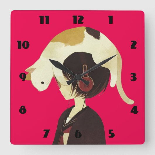CAT HAT - Anime Child with Cat スクエア壁時計 (正面)