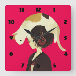 CAT HAT - Anime Child with Cat スクエア壁時計