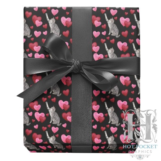 Cat Hearts Valentine Gift Wrapping Paper - Black ラッピングペーパー