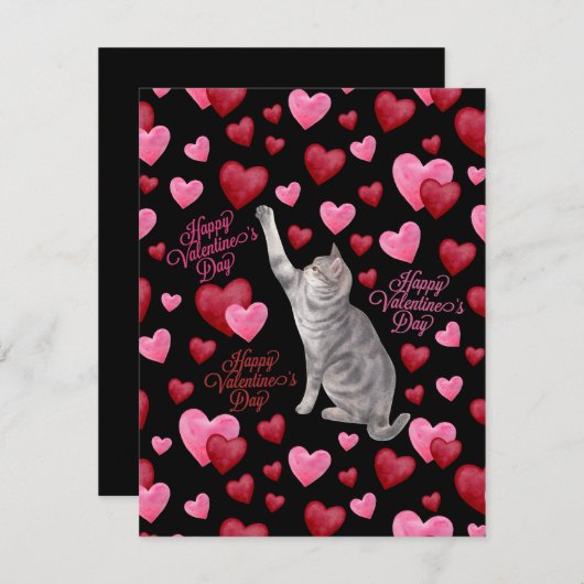 Cat Hearts Valentine’s Day Card in Black ノートカード (正面/裏面)
