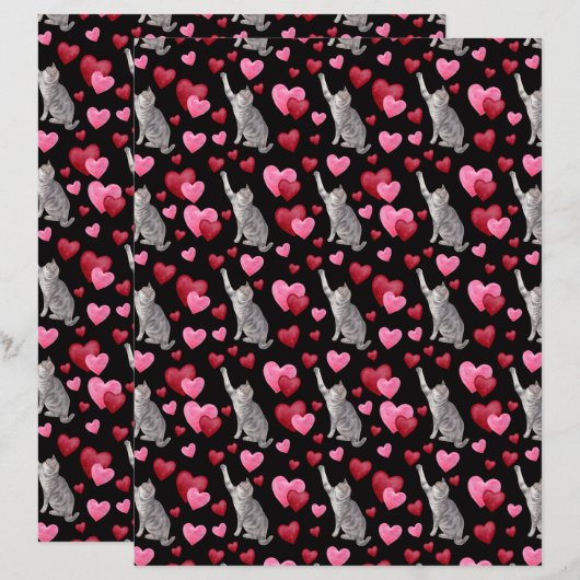 Cat Hearts Valentines Scrapbook Paper in Black (正面/裏面)