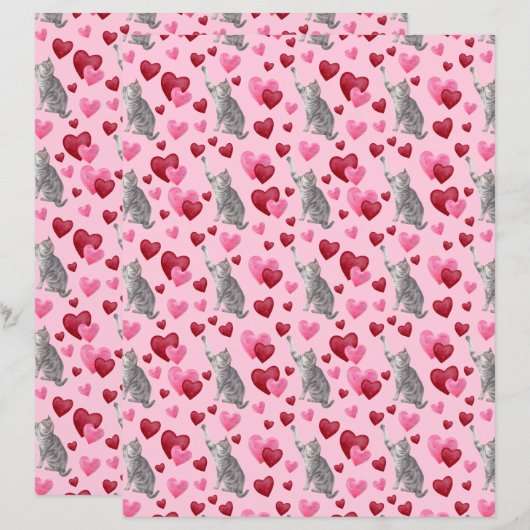 Cat Hearts Valentines Scrapbook Paper in Pink (正面/裏面)
